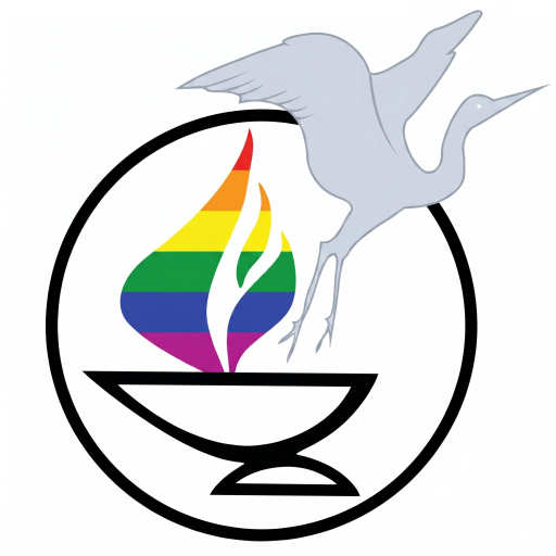 Unitarian Universalist Friendship Fellowship logo featuring a flaming chalice with a rainbow pride flame, enclosed in a circle with a silhouette of a heron in flight.